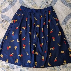 Modcloth Navy Blue Skirt Whimsical Fruit Pattern